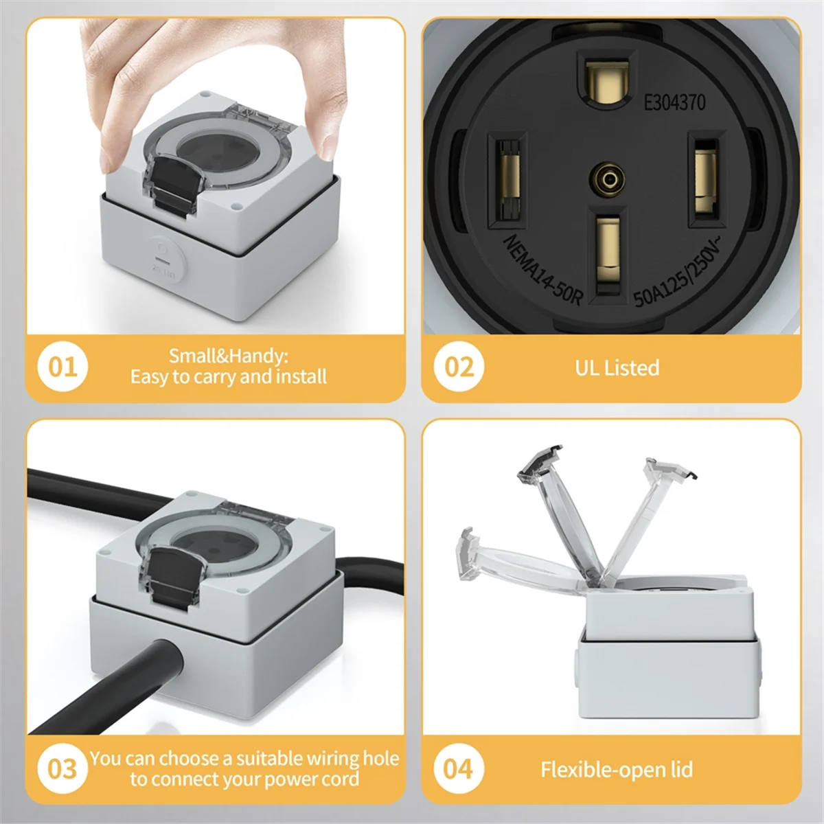 Outdoor Power Receptacle - AT16 50アンペア電源コンセントボックス、125/250ボルトNEMA 14-50R屋外用コンセント、電気自動車用防塵・耐候性