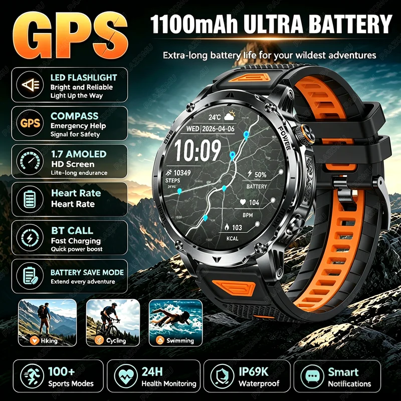 Outdoor Power Meter - GPS 屋外軍事スマートウォッチ男性 1100mAh 大型バッテリー懐中電灯 + SOS