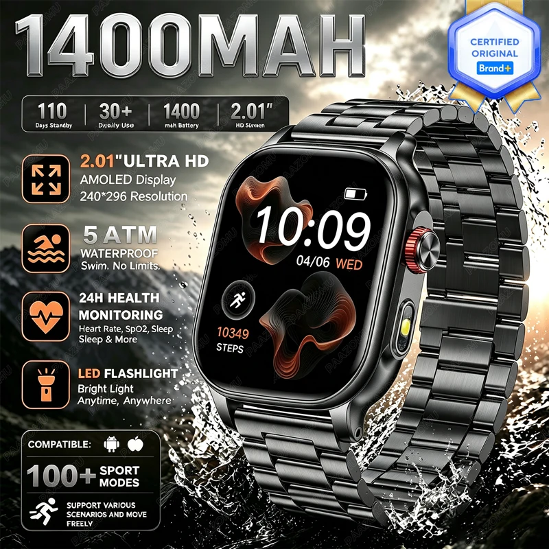 Outdoor Power Hours - 2026年新製品 内蔵1400mAh超大容量バッテリー 男女兼用スマートウォッチ アウトドア用 2.01インチスクリーン 防水