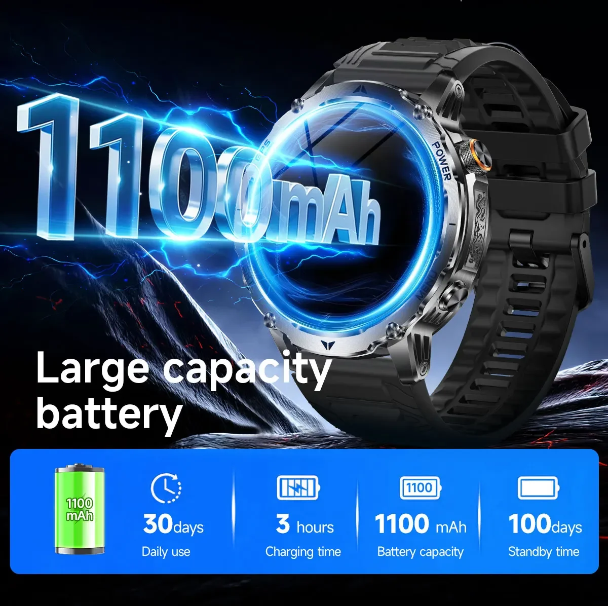 GPS 屋外軍事スマートウォッチ男性 1100mAh 大型バ - Outdoor Power Meter のレビューと価格